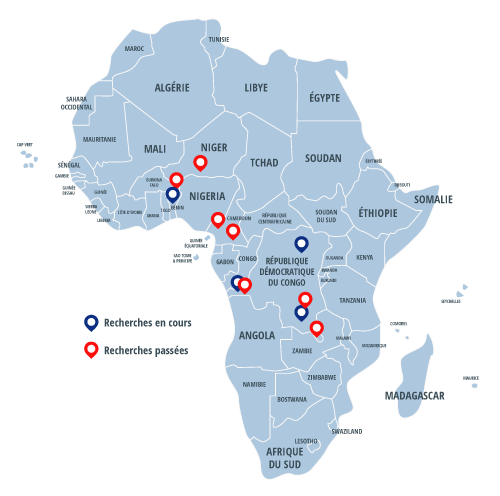 Carte des recherches en cours et passées