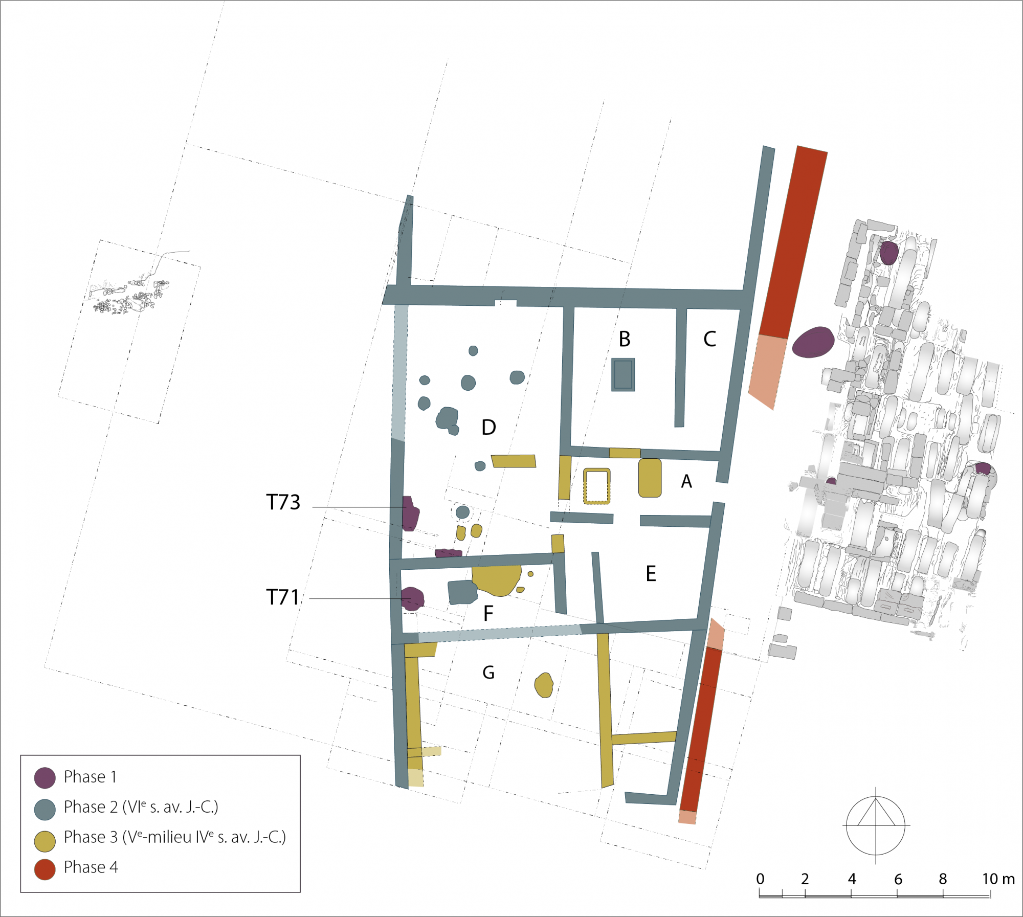 Plan du complexe archaïque avec les phases successives d’occupation (VIIe – milieu IVe s. avant J.C.)